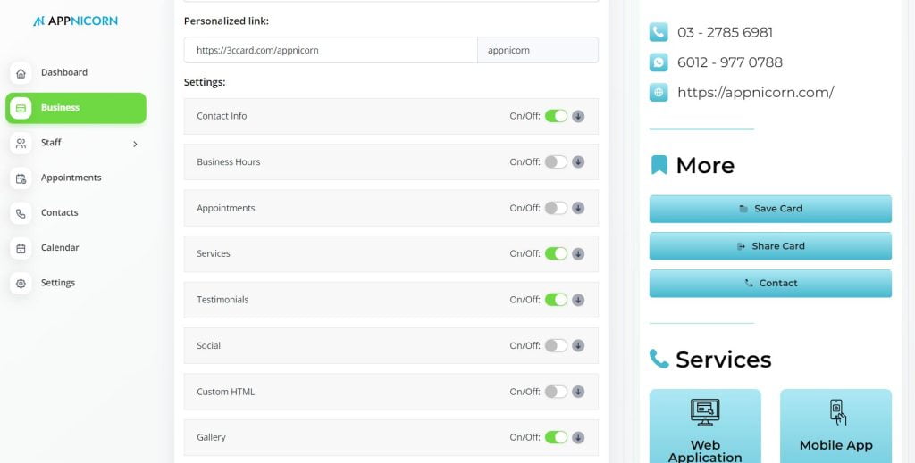 Dashboard of digital business card