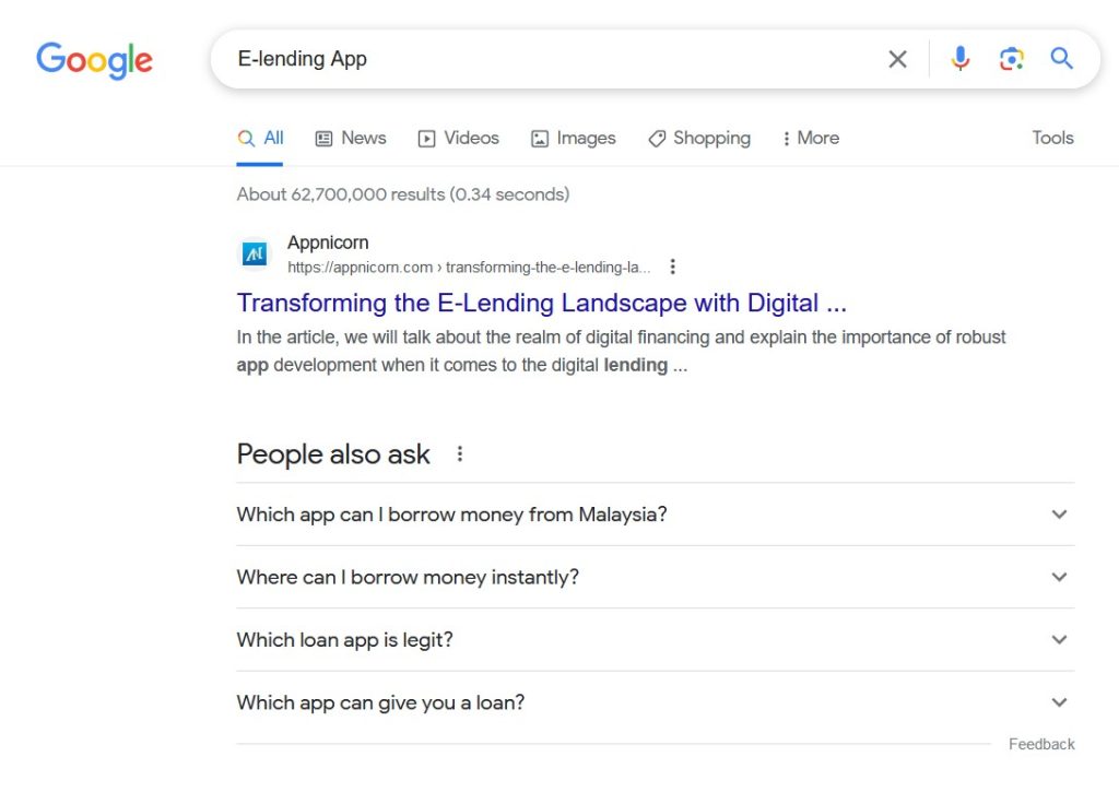 SEO search engine result page for Appnicorn.