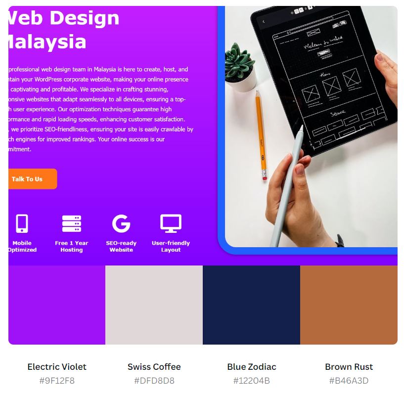 Color palette of web design. Basic HTML and CSS coding for web development. guide to a successful business website.