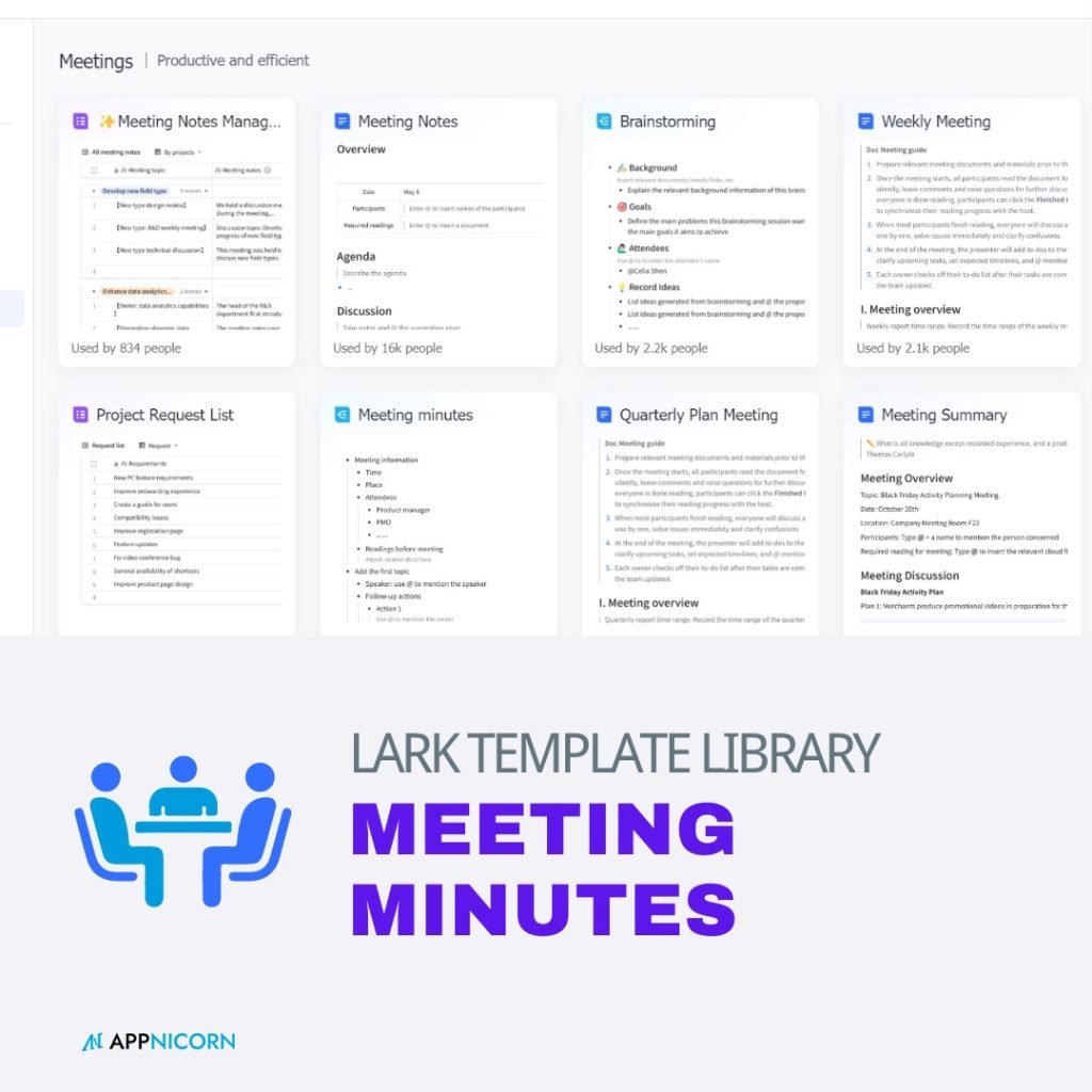 Lark's document template library supports meeting minutes.