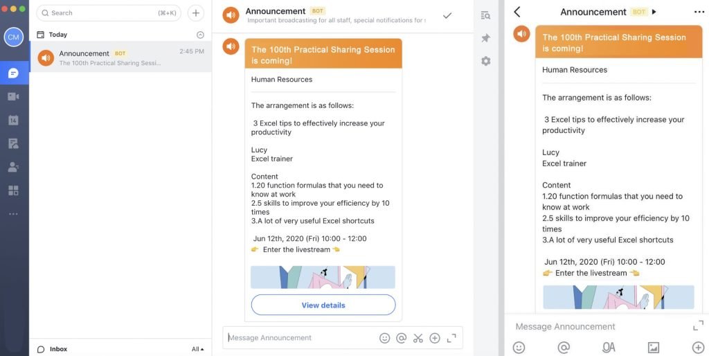 Lark's announcement feature.