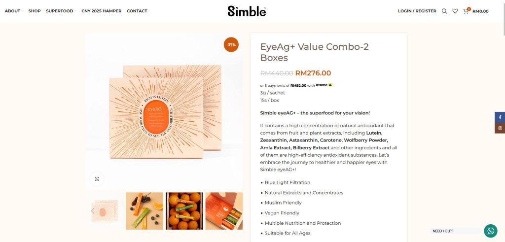 Simble e-commerce website product page.