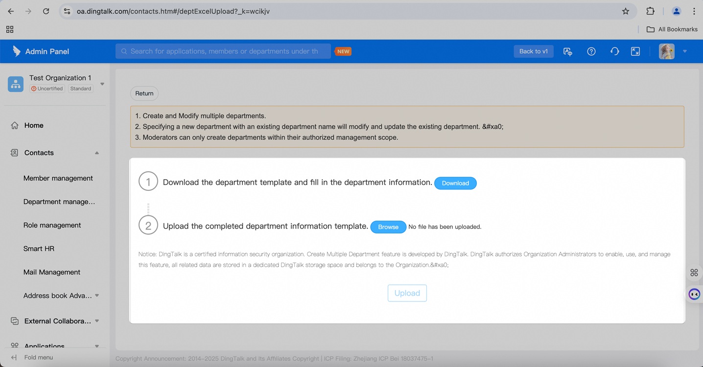 Download and upload template to add departments.
