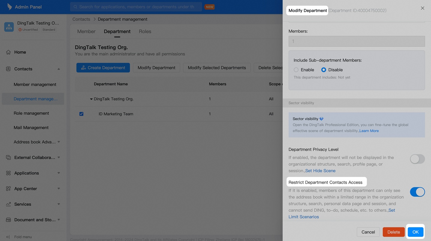 Restrict Department Contacts Access
