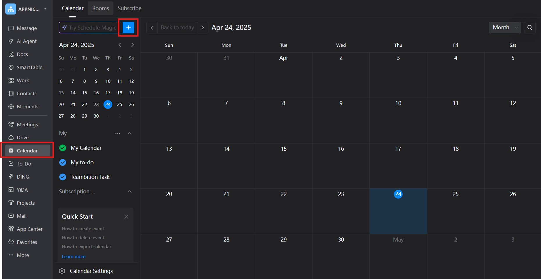 Schedule meeting on the calendar page